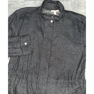 Eileen Fisher Jacket Medium Black Linen Blend Speckled Lightweight Snaps Zip Up